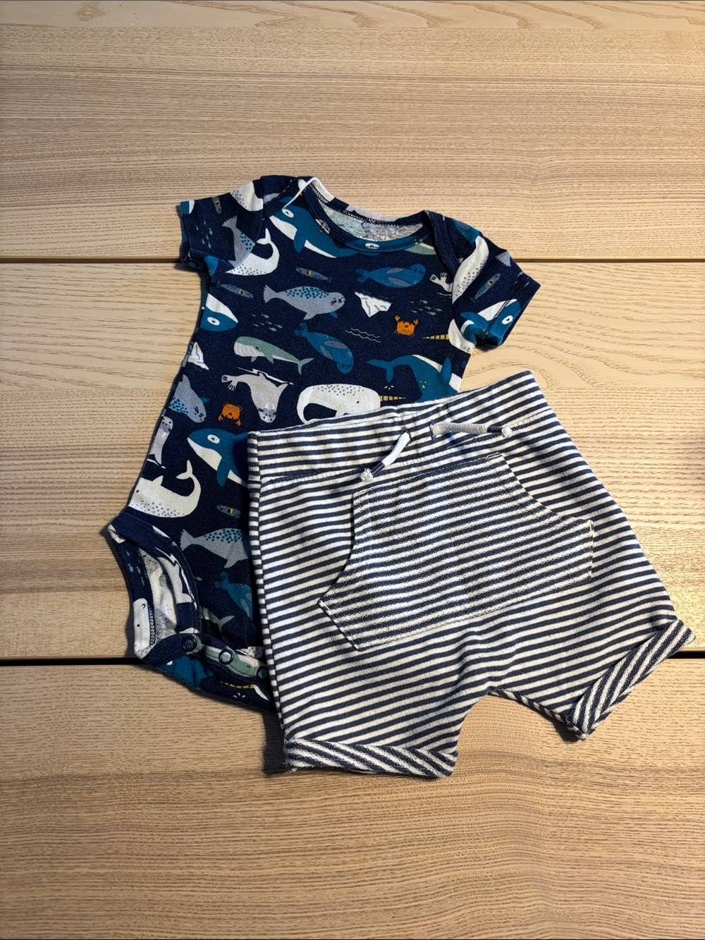 Navy Whale Print Bodysuit & Striped Shorts Set - Kids Accessories